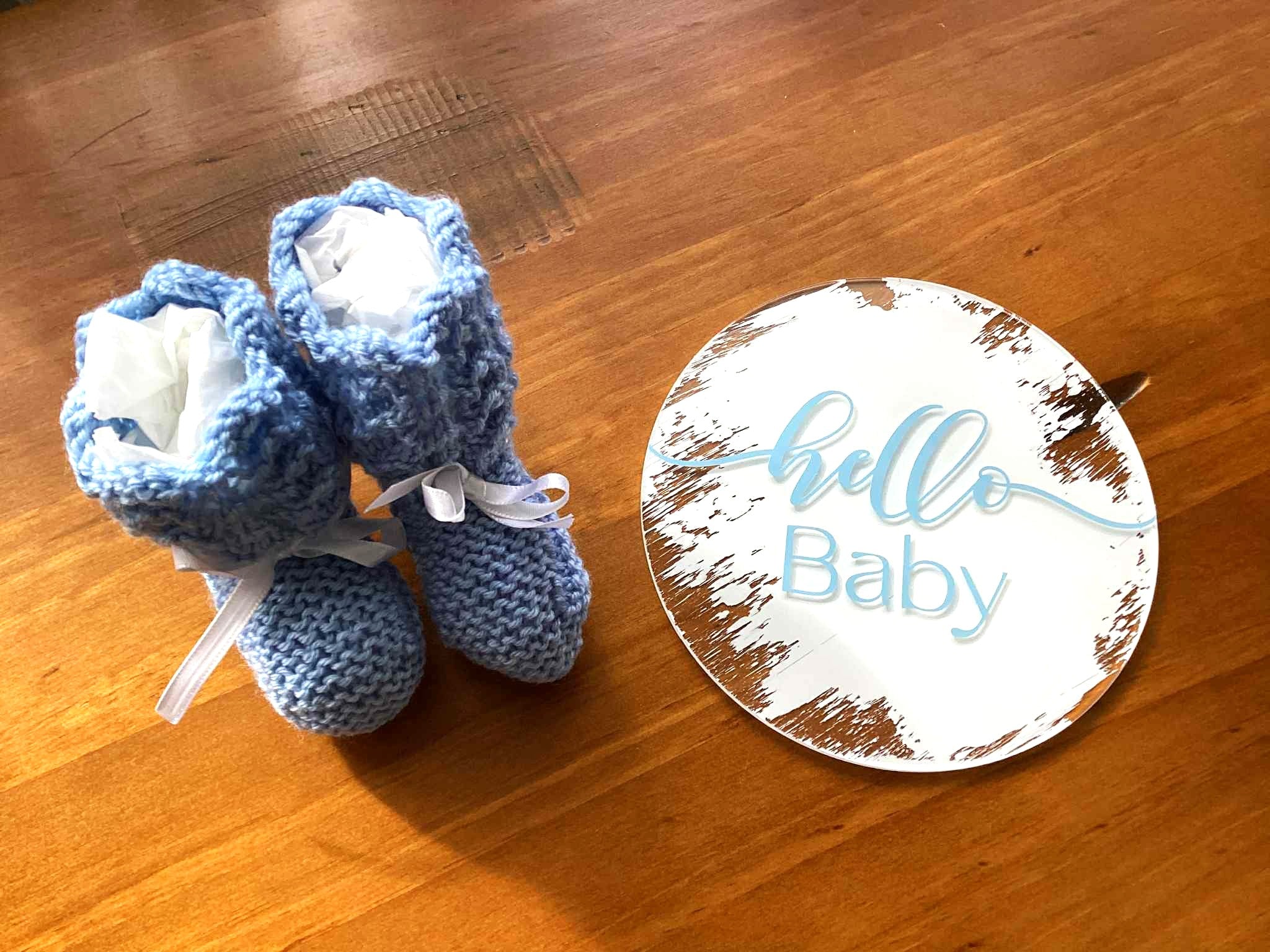 Gift Set - Acrylic Hello Baby or Hello World Sign and Booties