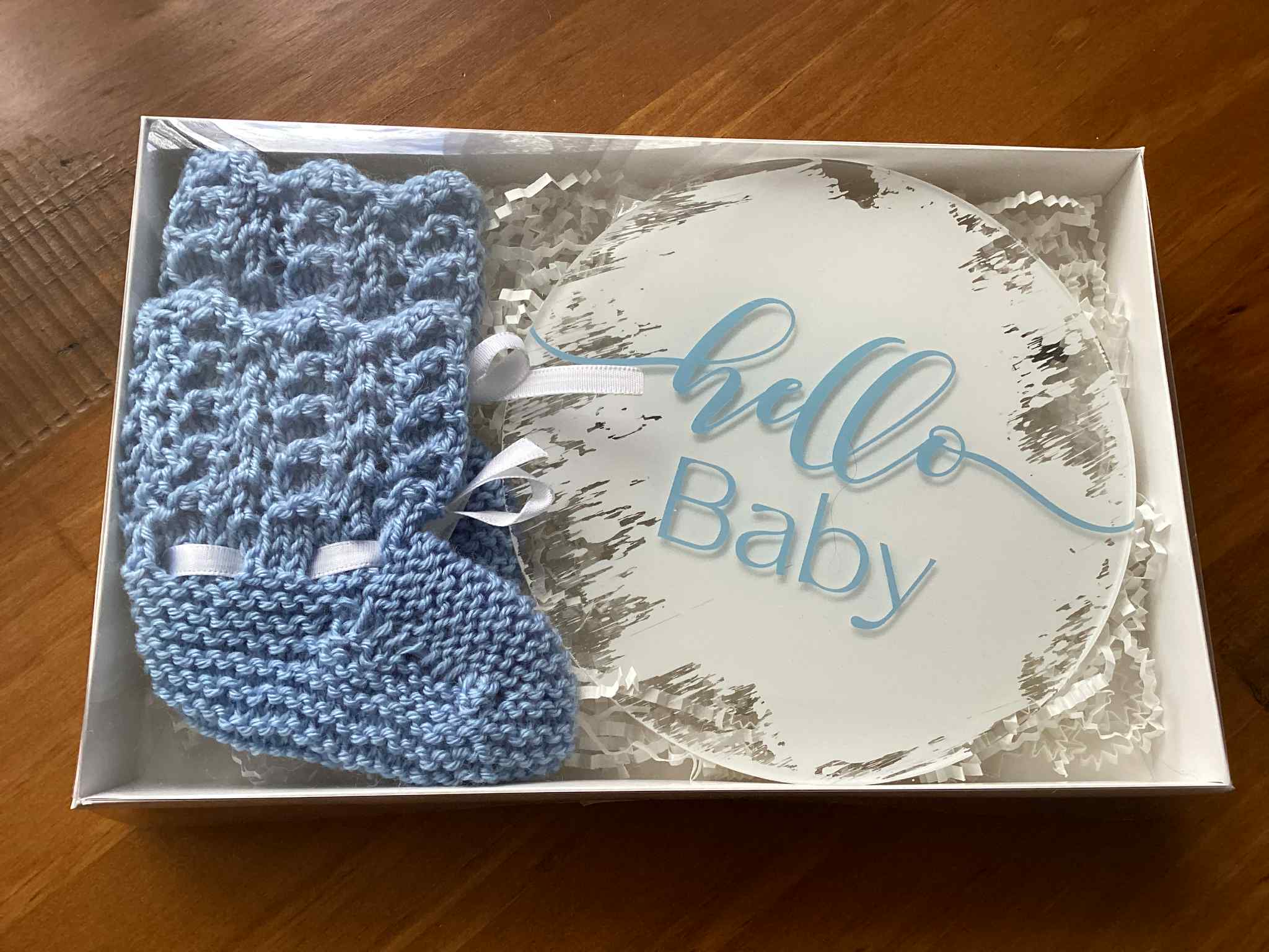 Gift Set - Acrylic Hello Baby or Hello World Sign and Booties