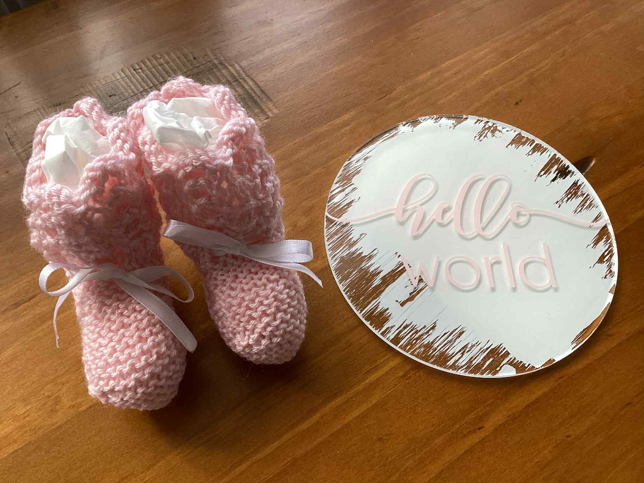 Gift Set - Acrylic Hello Baby or Hello World Sign and Booties