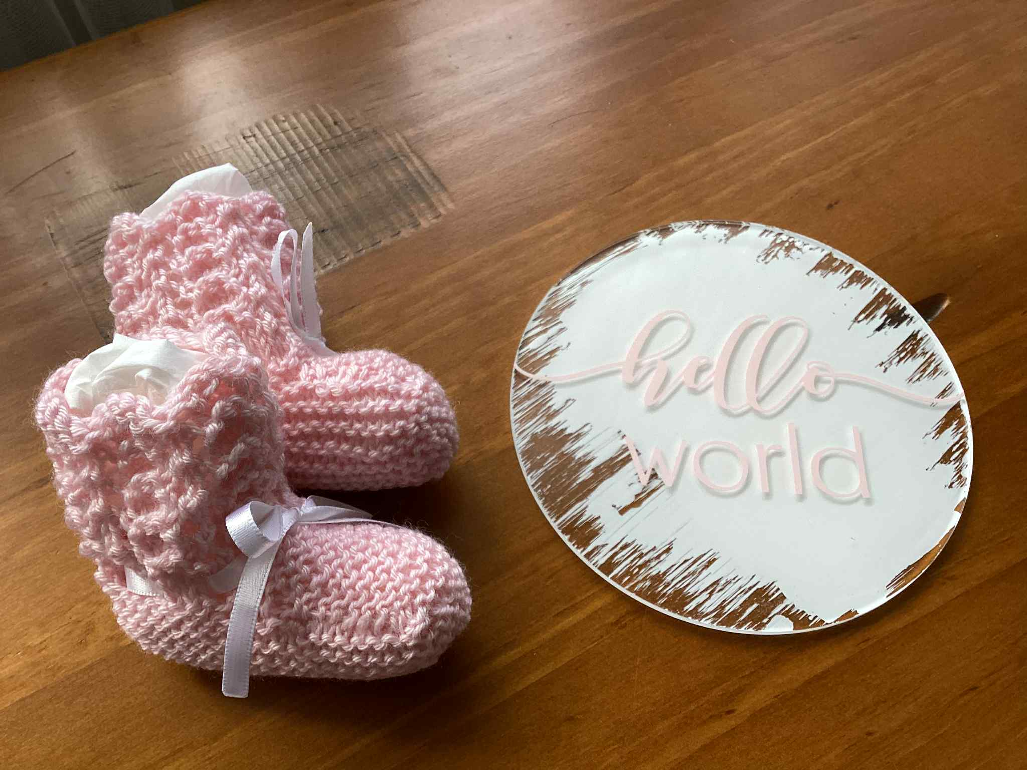 Gift Set - Acrylic Hello Baby or Hello World Sign and Booties
