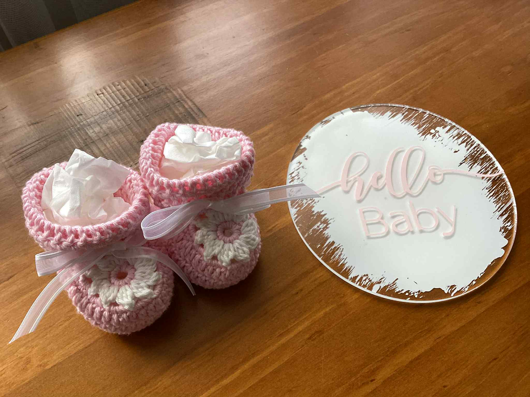 Gift Set - Acrylic Hello Baby or Hello World Sign and Booties