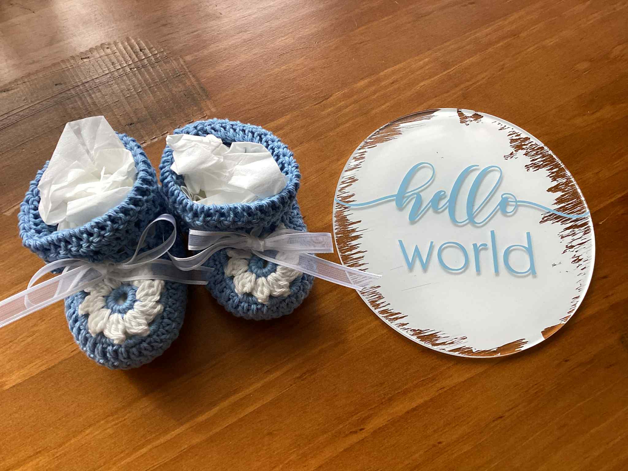 Gift Set - Acrylic Hello Baby or Hello World Sign and Booties