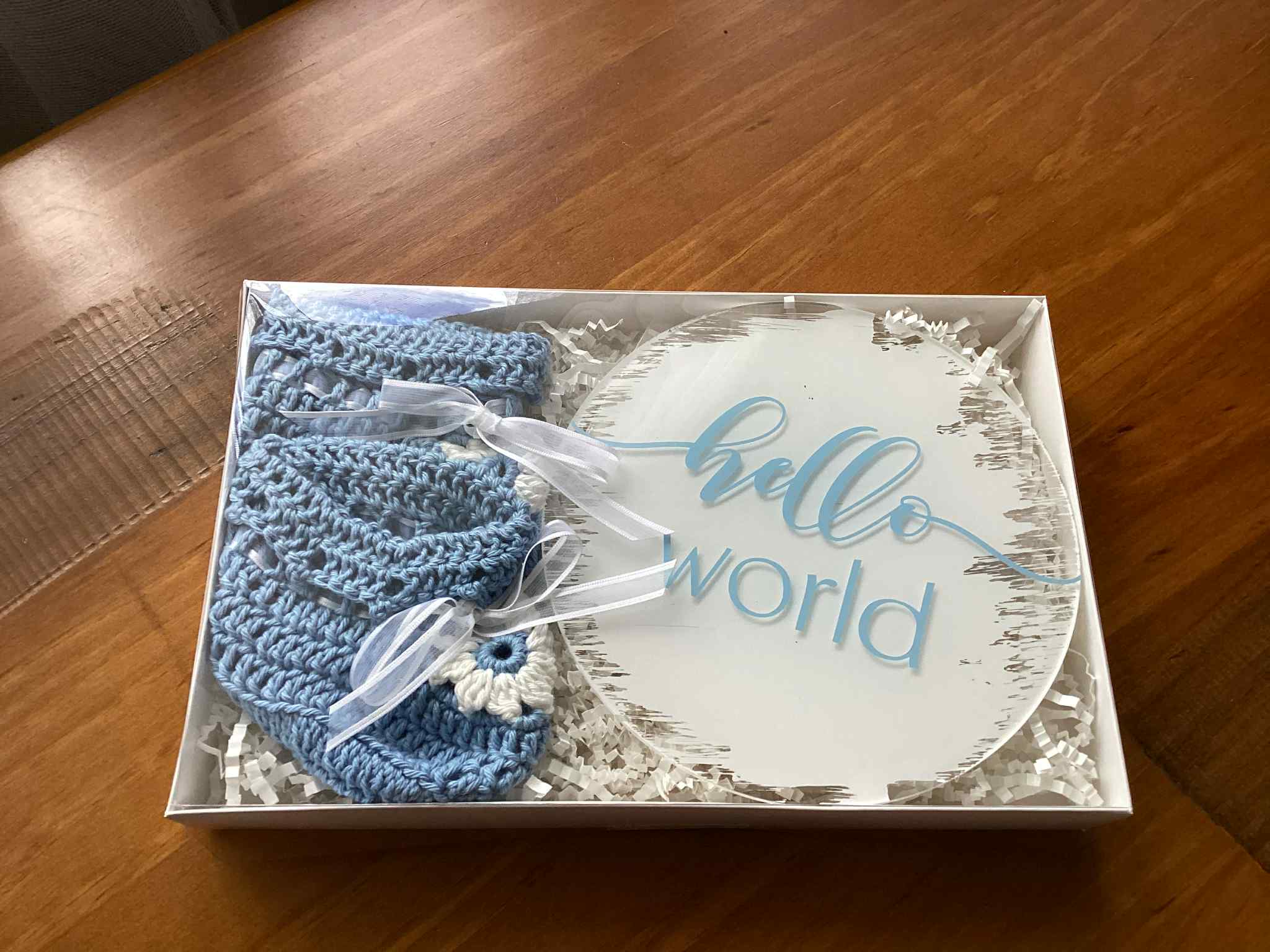 Gift Set - Acrylic Hello Baby or Hello World Sign and Booties
