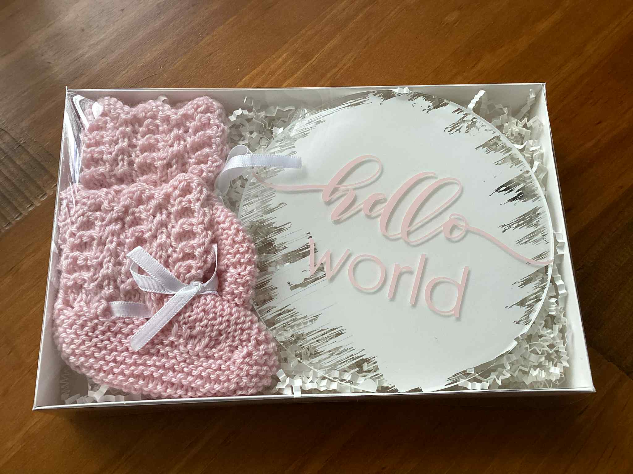 Gift Set - Acrylic Hello Baby or Hello World Sign and Booties