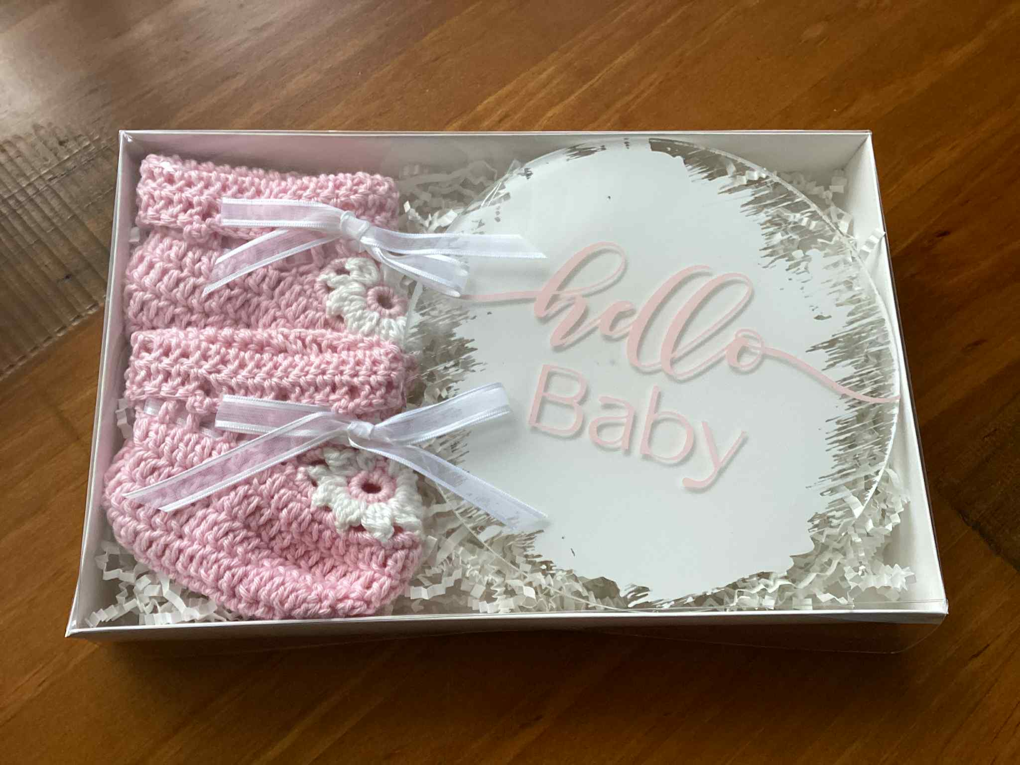 Gift Set - Acrylic Hello Baby or Hello World Sign and Booties