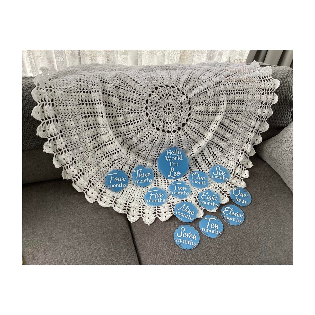 Handmade Crochet Circular Shawl Baby Keepsake or Bundle it up with Personalised Acrylic Milestones