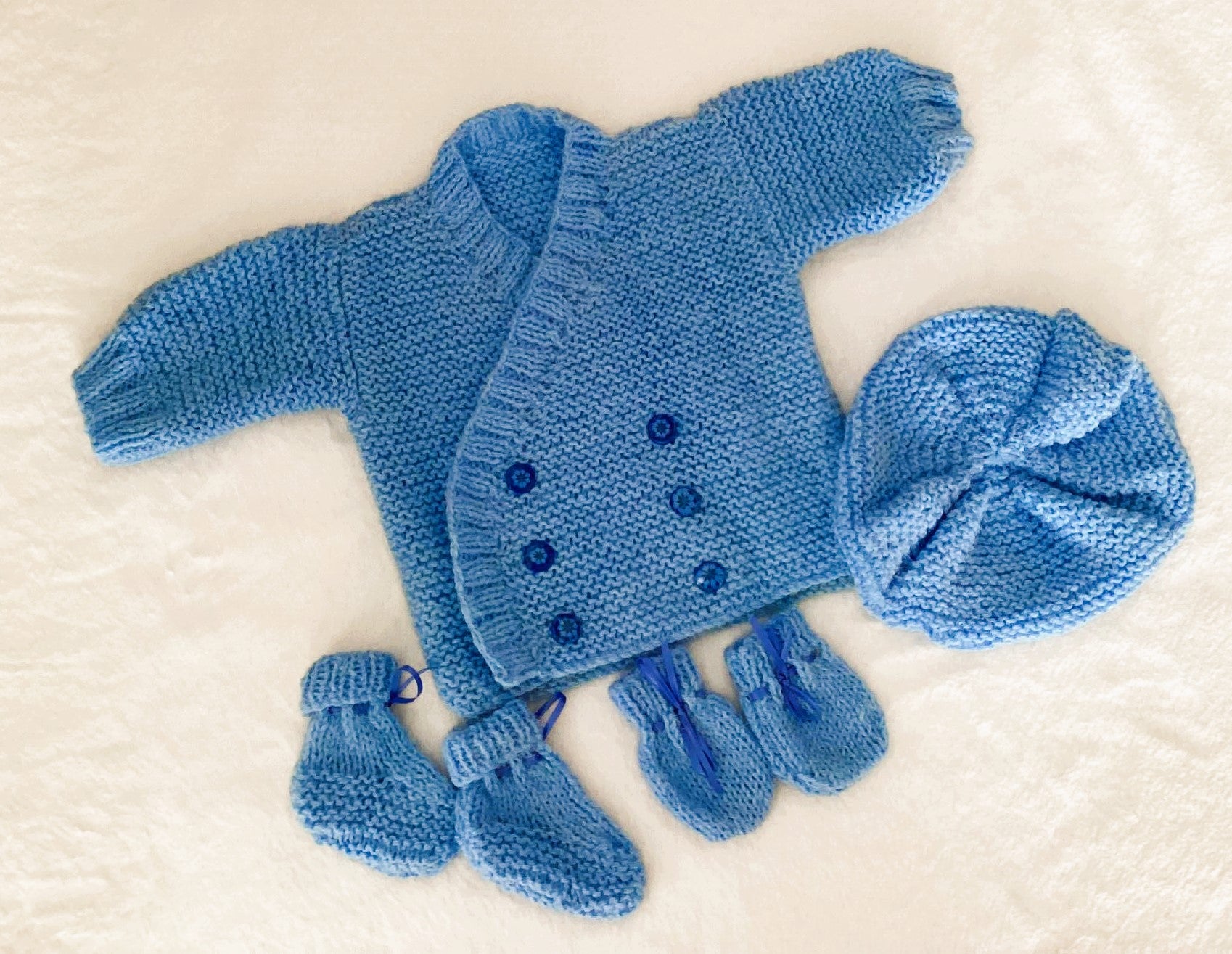 Double Breast Handknitted Baby Cardy, Beret, Booties & Mitts