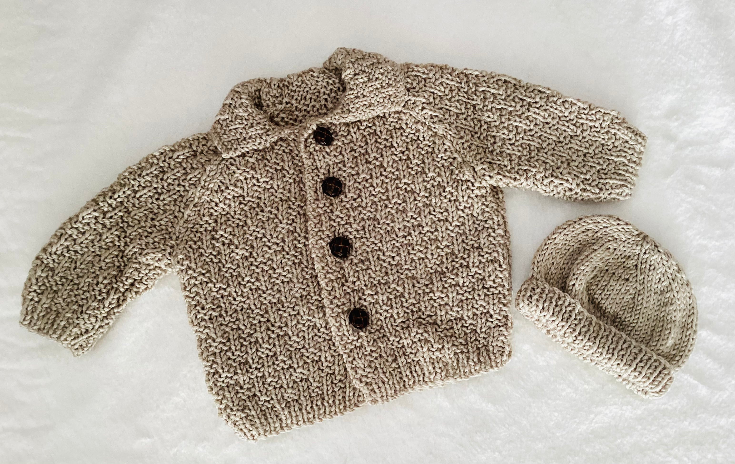 Textured Handknitted Baby Cardy and Hat