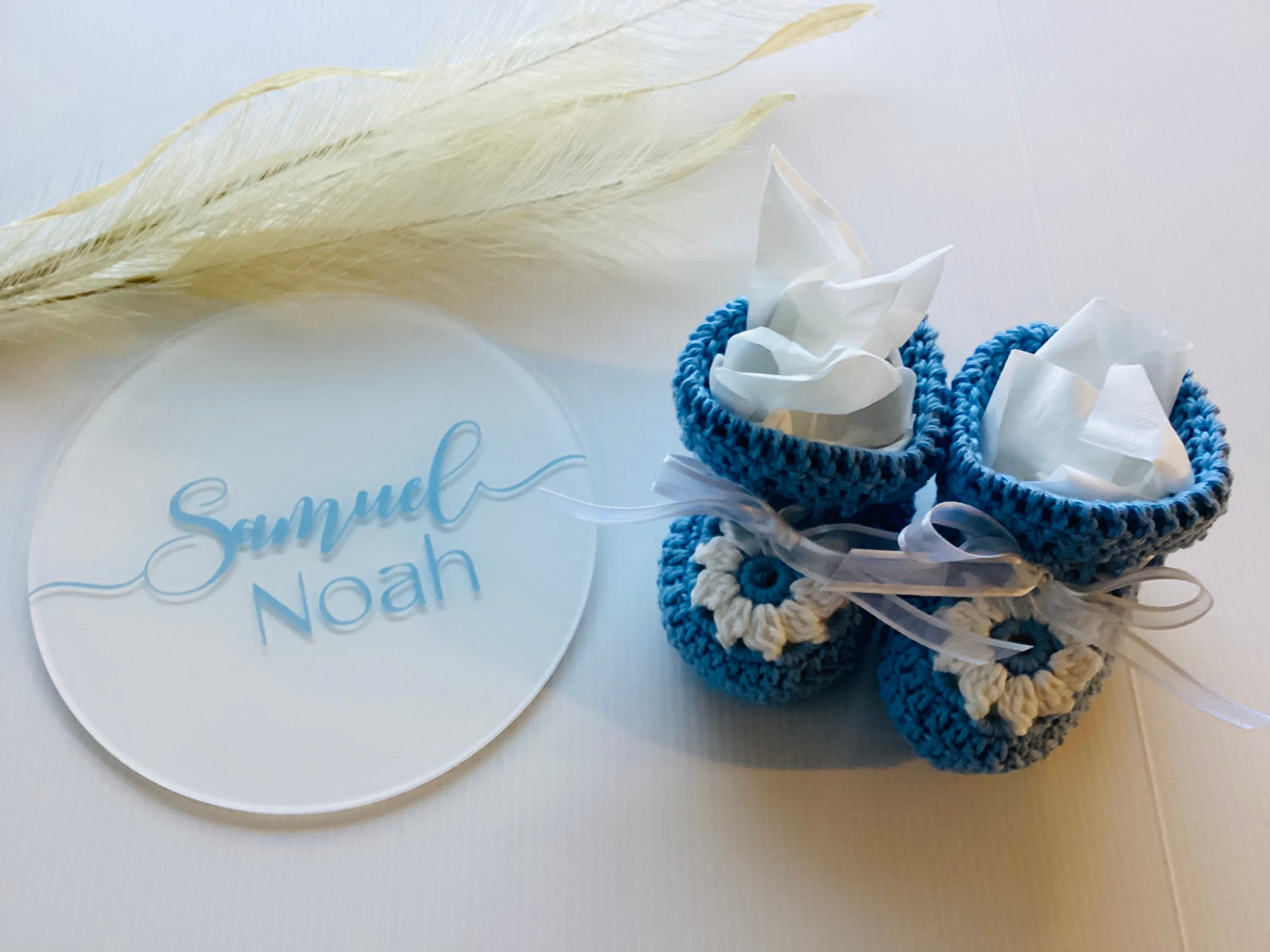 Personalised Acrylic Name Sign and Handmade Crochet Booties Baby Gift Set