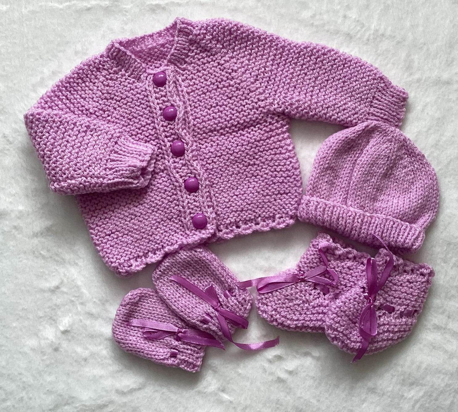 Handknitted Baby Newborn Cardy, Hat, Booties and Mitts|Love Family Designs