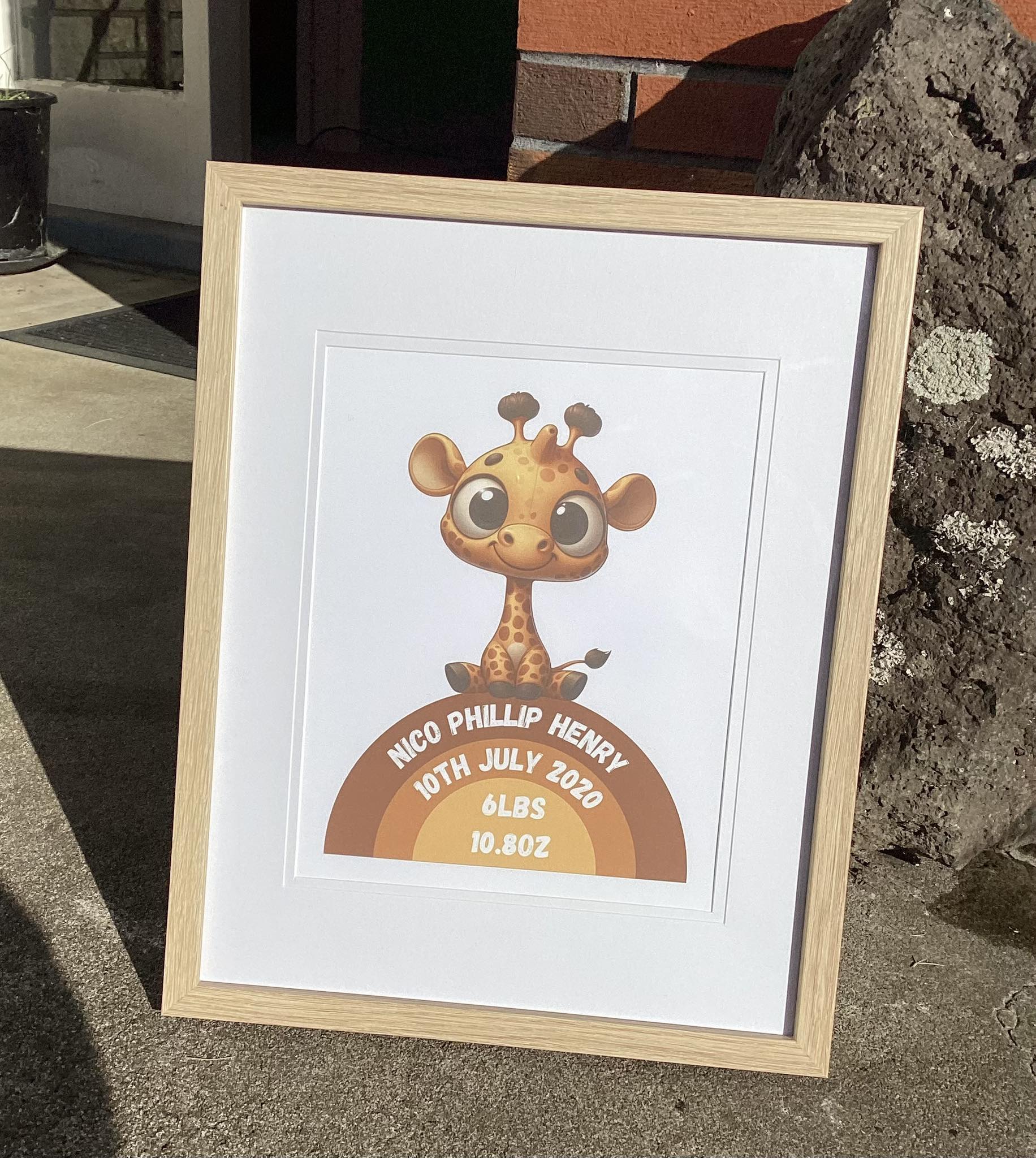 Framed A4 Print Giraffe Personalised Baby Statistics