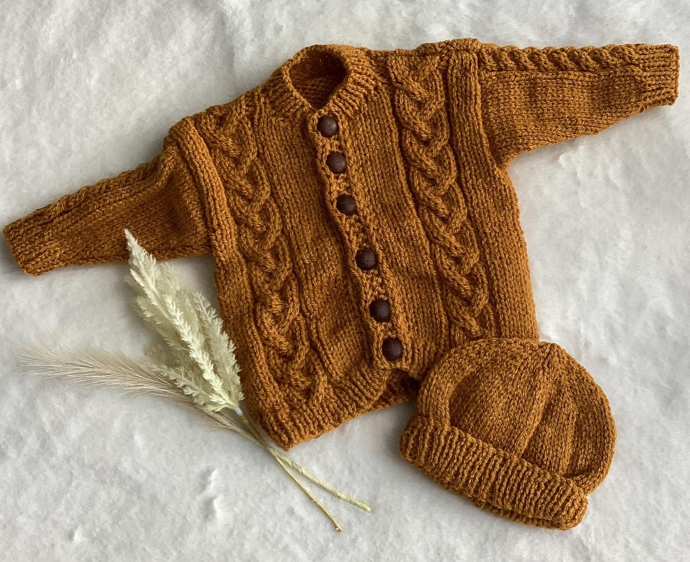 Handknitted Baby Mustard Cable Cardy and...