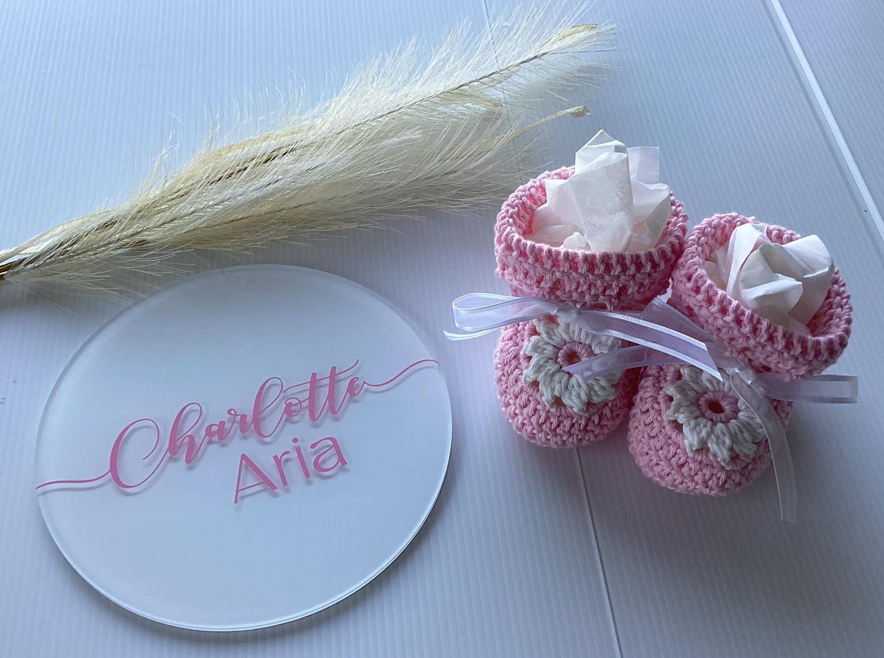 Personalised Acrylic Name Sign and Handmade Crochet Booties Baby Gift Set