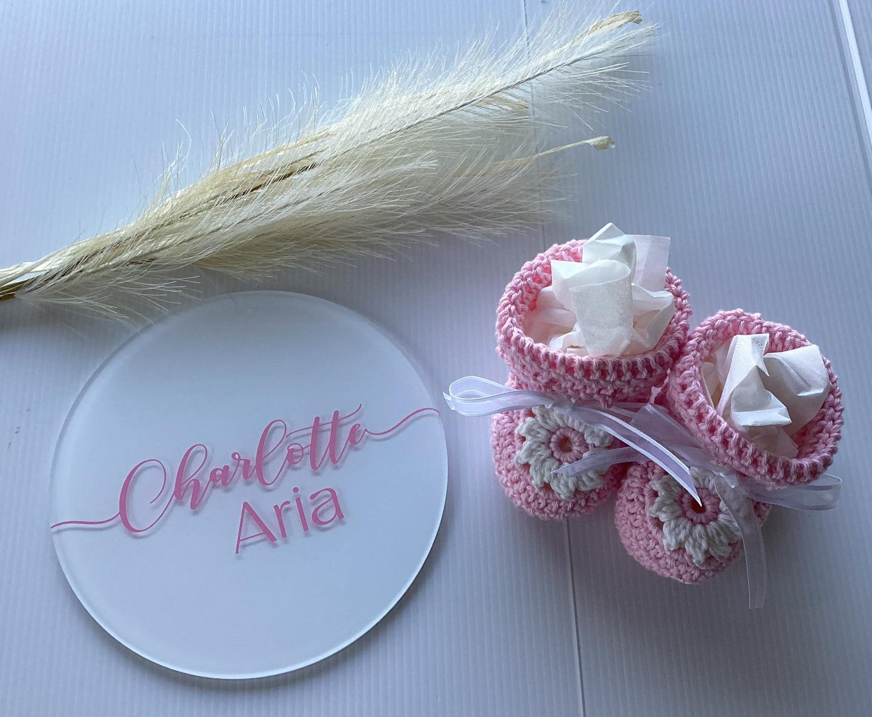 Personalised Acrylic Name Sign and Handmade Crochet Booties Baby Gift Set