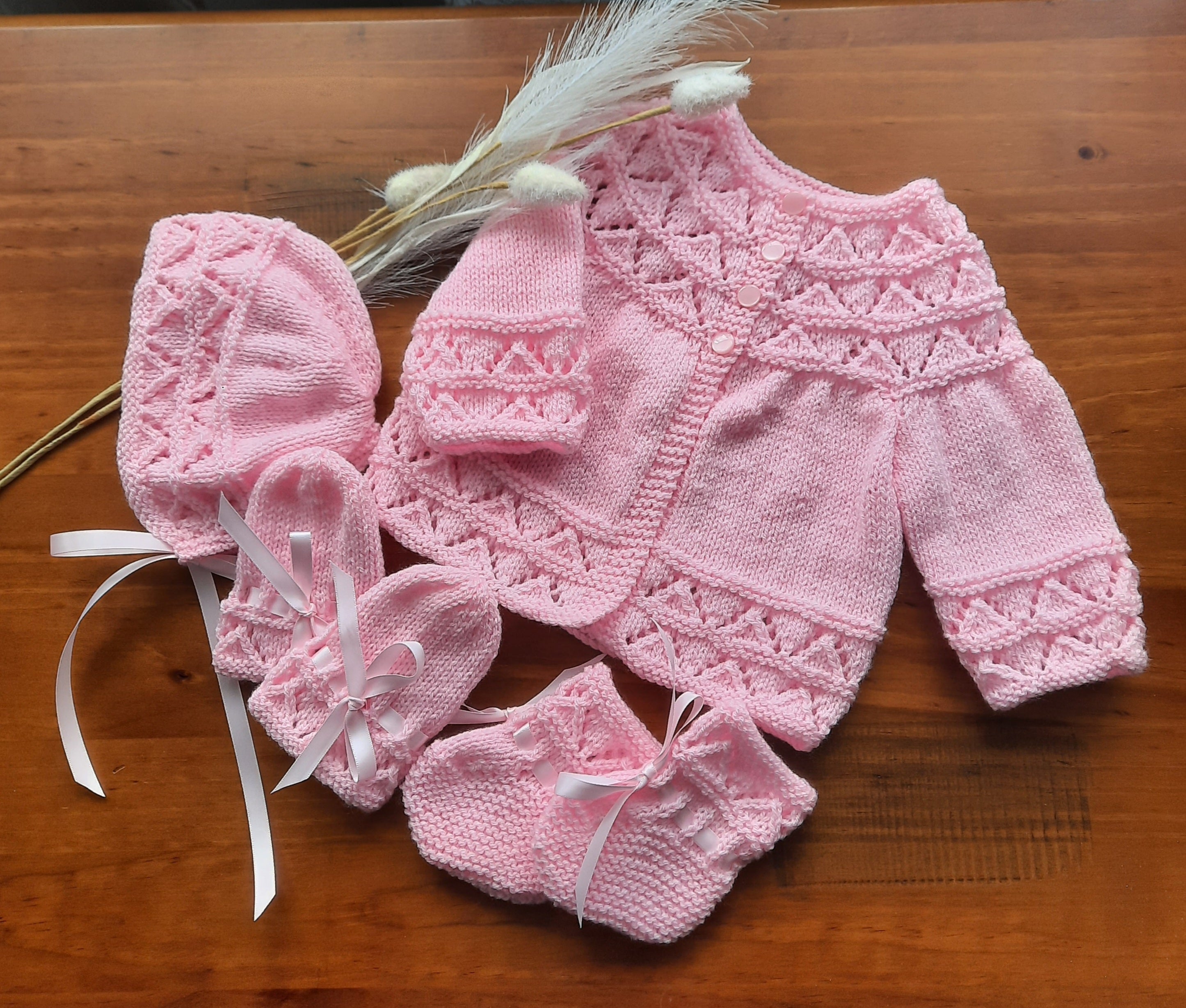 Handknitted Matinee Jacket, Hat, Booties and Mitts